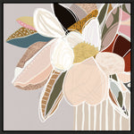 A framed canvas print featuring abstract florals in neutral colors
