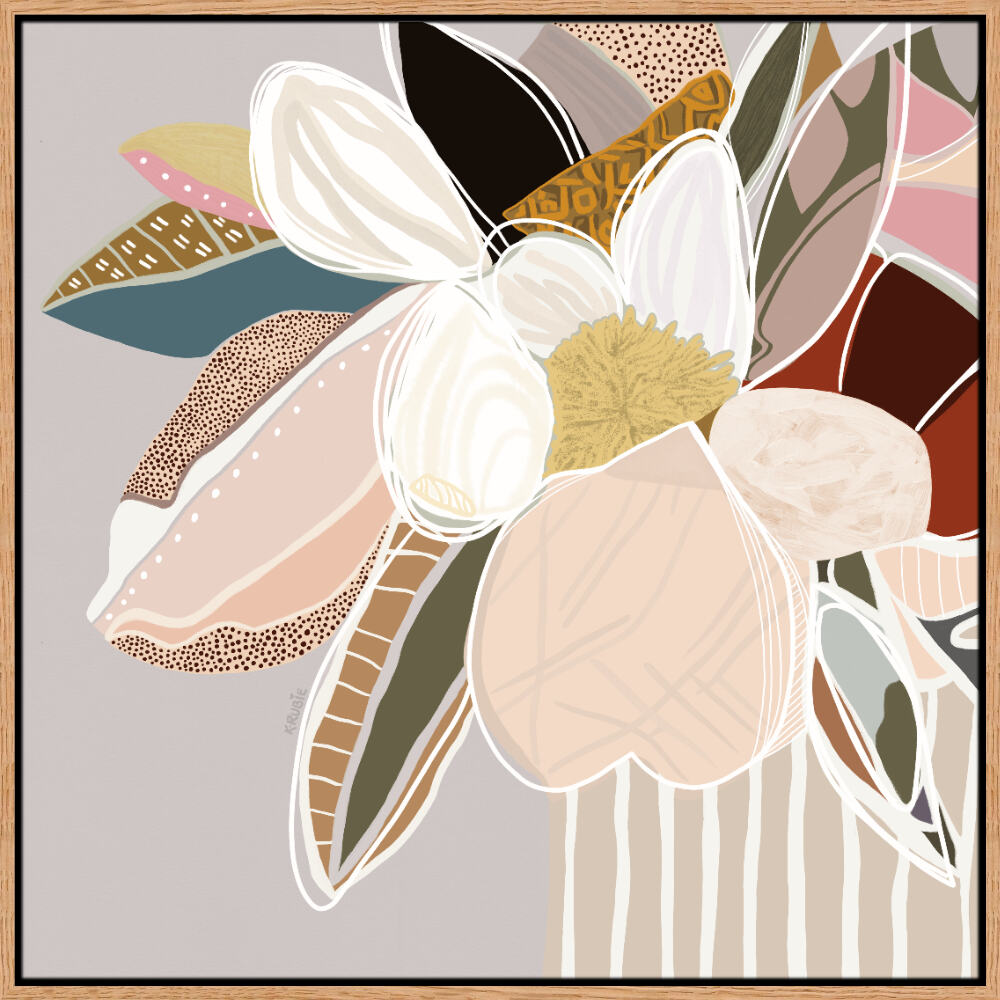 A framed canvas print featuring abstract florals in neutral colors