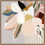 A framed canvas print featuring abstract florals in neutral colors