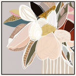 A framed canvas print featuring abstract florals in neutral colors